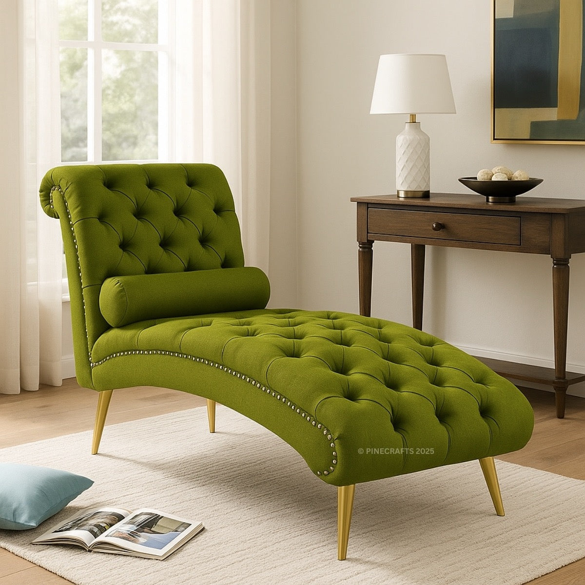 Green tufted chaise lounge in a living room setting with a lamp and table.